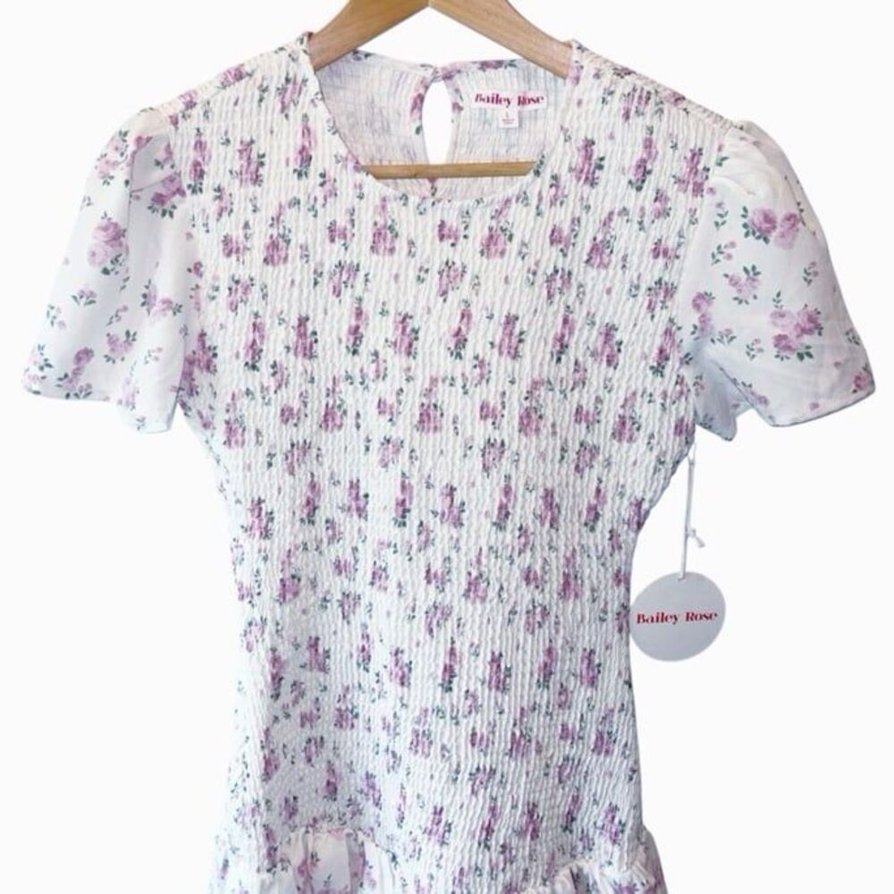 Bailey Rose Floral Mini Dress L Bubble Hem Smocked Cottagecore NWT - Picture 5 of 12